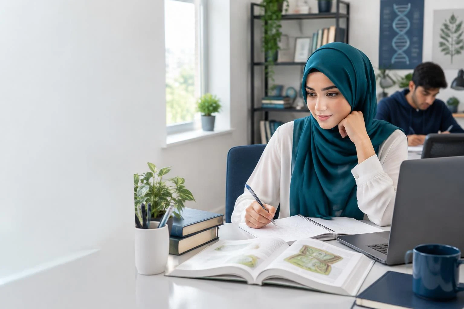 Student preparing for entrance exams with a laptop and biology notes